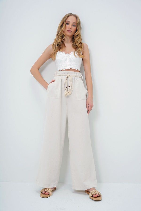 Trend Alaçatı Stili Trend Alaçatı Stili Women's Light Beige Double Pocket Laced Palazzo Linen Trousers
