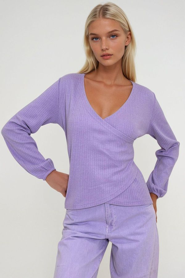 Trend Alaçatı Stili Trend Alaçatı Stili Women's Lilac Double Breasted Elastic Sleeve Blouse