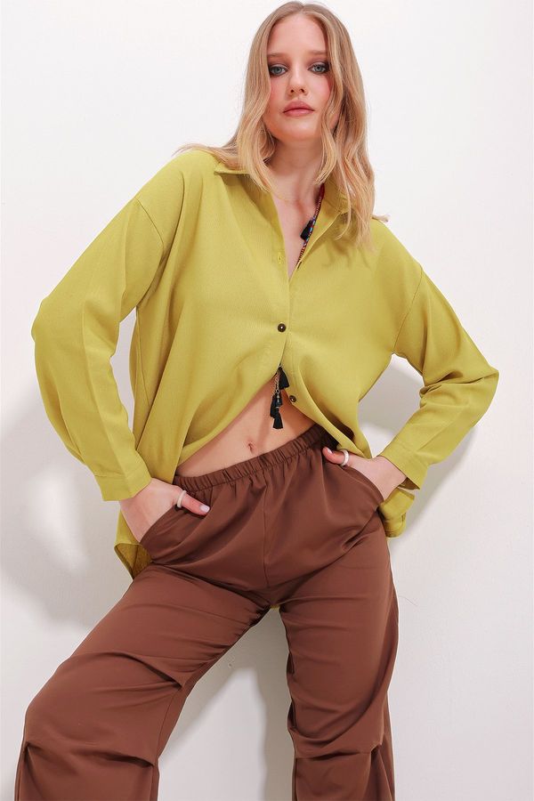 Trend Alaçatı Stili Trend Alaçatı Stili Women's Mustard Oversize Linen Shirt