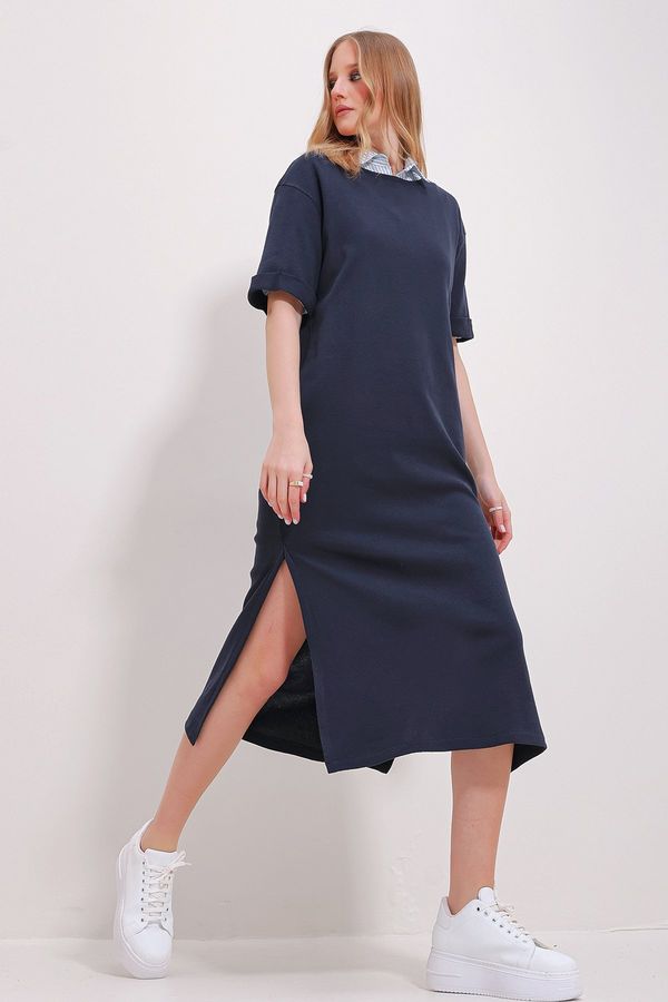 Trend Alaçatı Stili Trend Alaçatı Stili Women's Navy Blue Crew Neck Double Sleeve Slit Dress