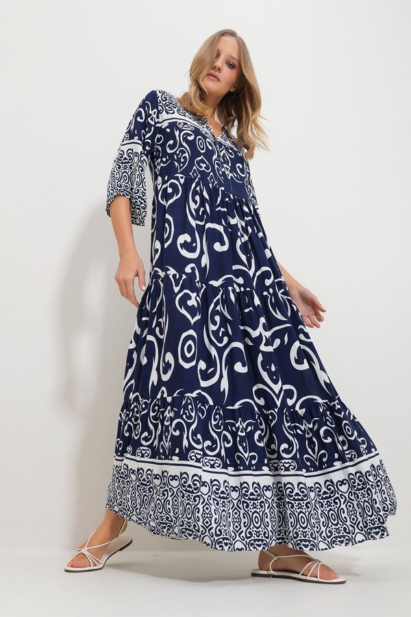 Trend Alaçatı Stili Trend Alaçatı Stili Women's Navy Blue Front Laced Patterned Woven Viscose Dress