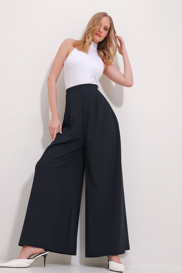 Trend Alaçatı Stili Trend Alaçatı Stili Women's Navy Blue High Waist Side Zipper Wide Leg Woven Trousers