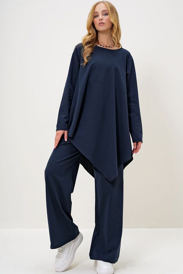 Trend Alaçatı Stili Trend Alaçatı Stili Women's Navy Blue Modal Fabric Crew Neck Asymmetric Cut Long Tunic and Trouser Set