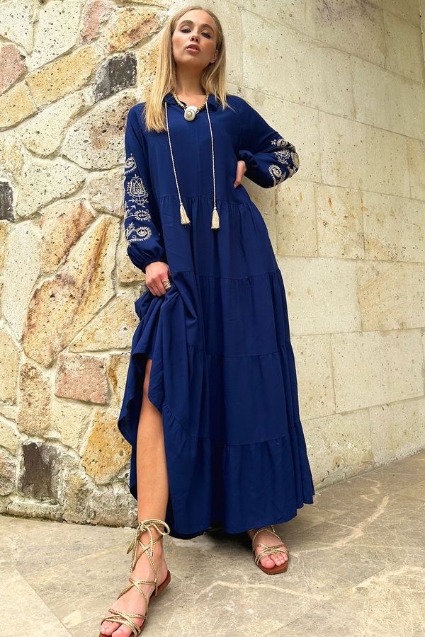 Trend Alaçatı Stili Trend Alaçatı Stili Women's Navy Blue Prevailing Collar Sleeves Embroidered Layered Flounced Woven Viscose Dress