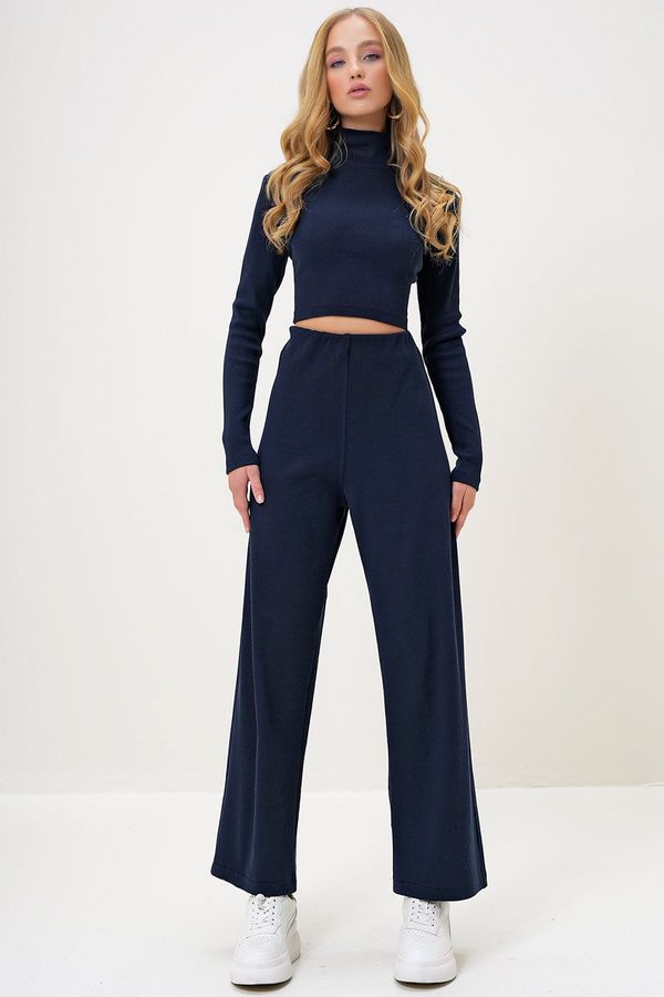 Trend Alaçatı Stili Trend Alaçatı Stili Women's Navy Blue Stand Collar Camisole Crop Blouse and Trouser Set