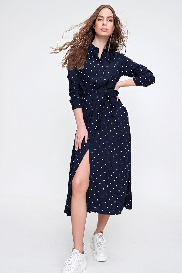 Trend Alaçatı Stili Trend Alaçatı Stili Women's Ocean Blue Polka Dot Patterned Woven Viscose Shirt Dress