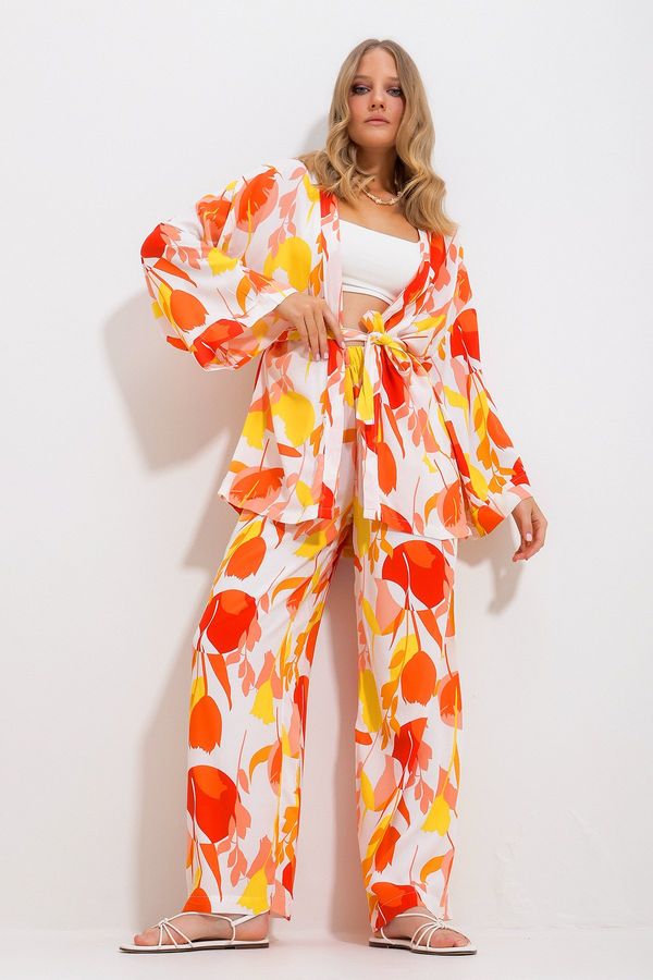 Trend Alaçatı Stili Trend Alaçatı Stili Women's Orange Kimono Jacket And Palazzo Pants Suit