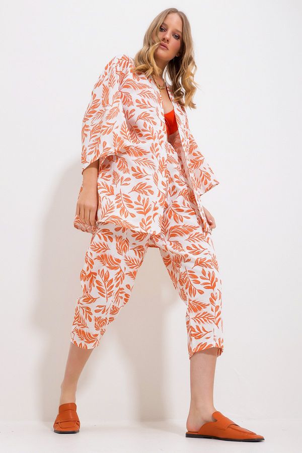 Trend Alaçatı Stili Trend Alaçatı Stili Women's Orange Patterned Kimono With Jacket And Trousers Linen Woven Bottom Top Suit