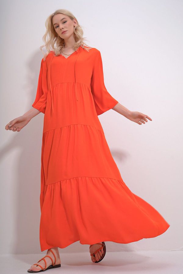 Trend Alaçatı Stili Trend Alaçatı Stili Women's Orange V-Neck Front Lace-Up Layered Flounced Woven Viscose Dress