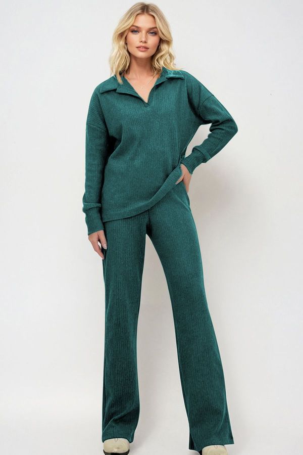 Trend Alaçatı Stili Trend Alaçatı Stili Women's Petrol Blue Polo Neck Top and Palazzo Pants Knitwear Bottom Top Set