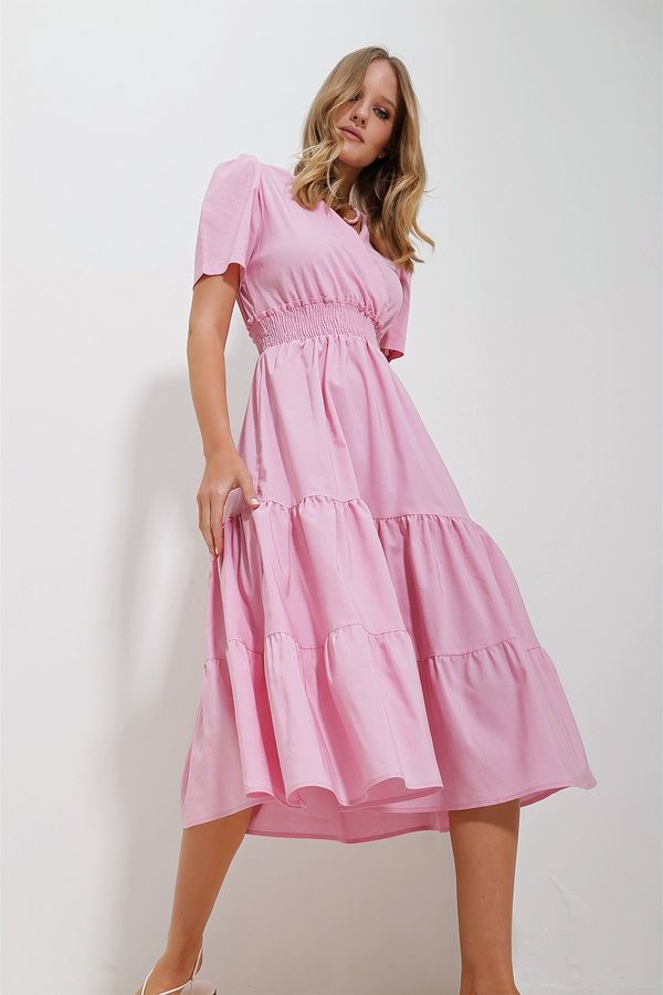Trend Alaçatı Stili Trend Alaçatı Stili Women's Pink Double Breasted Waist Gimped Walloon Woven Poplin Dress