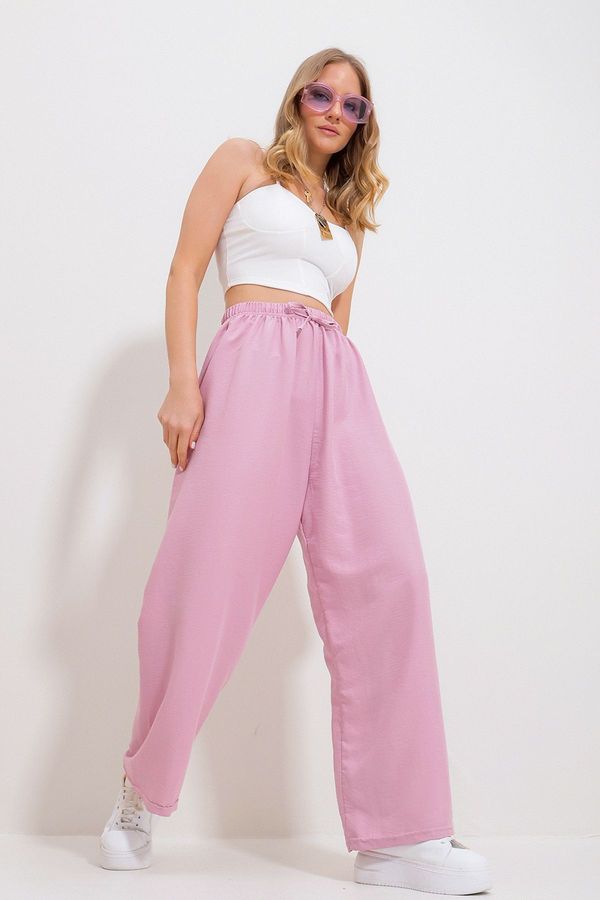 Trend Alaçatı Stili Trend Alaçatı Stili Women's Pink Elastic Waist Wide Leg Loose Woven Trousers