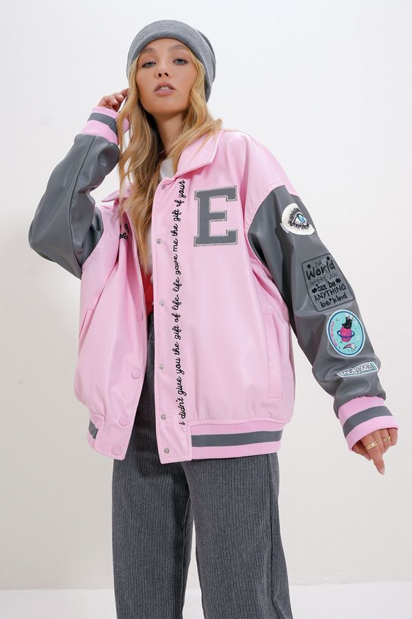 Trend Alaçatı Stili Trend Alaçatı Stili Women's Pink Snap Closure Oversize Jacket