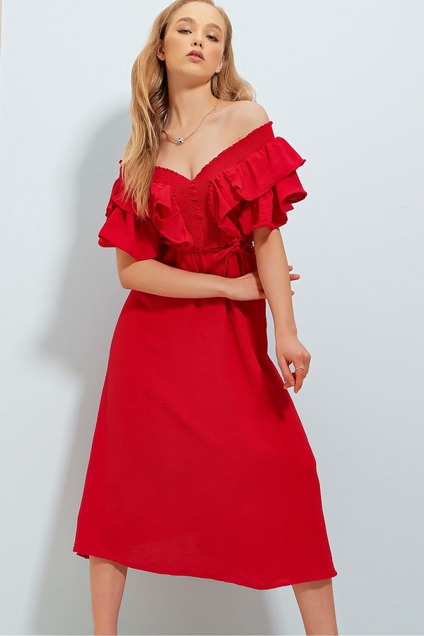 Trend Alaçatı Stili Trend Alaçatı Stili Women's Red Collar Gimped And Flounce Waist Belted Midilength Woven Dress