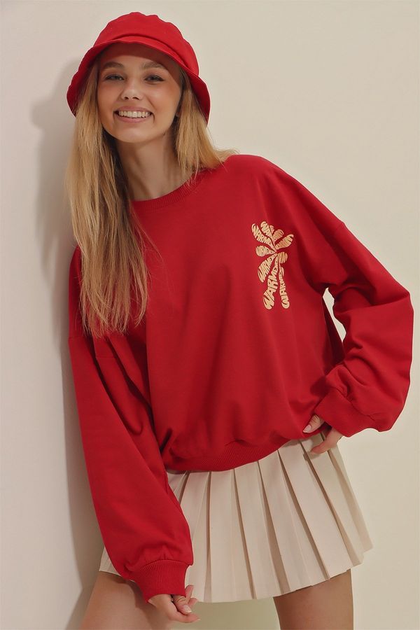 Trend Alaçatı Stili Trend Alaçatı Stili Women's Red Crew Neck Warmenergy Printed Sweatshirt