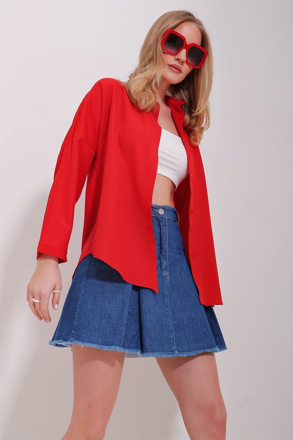 Trend Alaçatı Stili Trend Alaçatı Stili Women's Red Cuffed Cotton Basic Shirt
