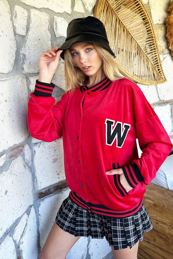 Trend Alaçatı Stili Trend Alaçatı Stili Women's Red W Embroidered Ribbed Velvet Bomber Jacket