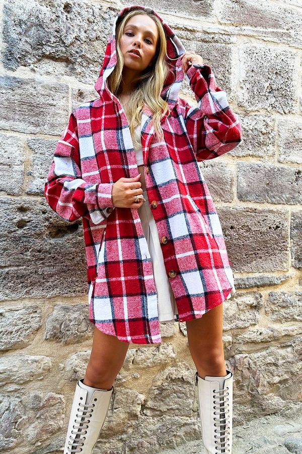 Trend Alaçatı Stili Trend Alaçatı Stili Women's Red-White Hooded Plaid Patterned Oversize Shirt Jacket