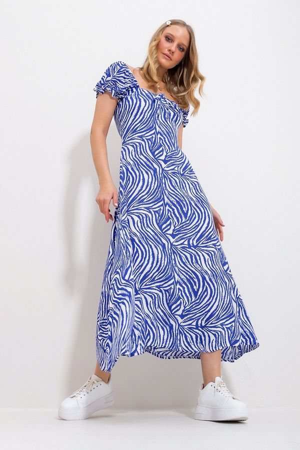 Trend Alaçatı Stili Trend Alaçatı Stili Women's Saxe Blue Square Neck Floral Pattern Woven Dress
