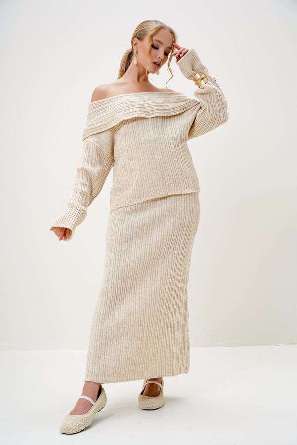 Trend Alaçatı Stili Trend Alaçatı Stili Women's Stone Madonna Collar Sweater and Skirt Set