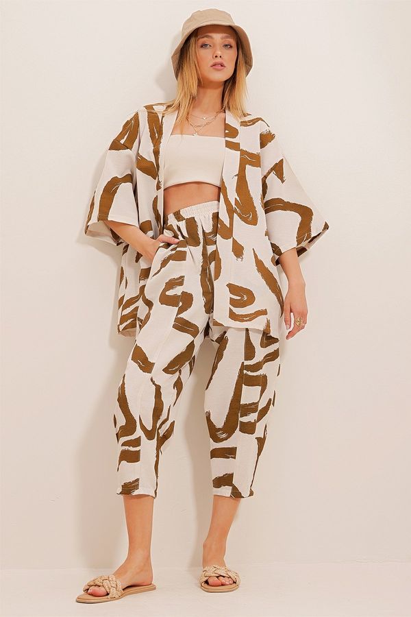 Trend Alaçatı Stili Trend Alaçatı Stili Women's Tobacco Patterned Baggy Pants And Kimono Set