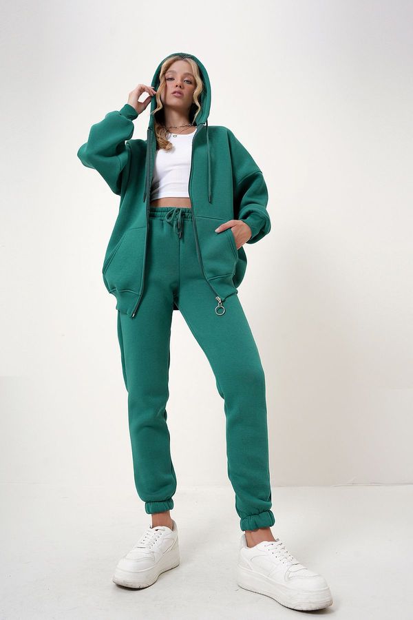 Trend Alaçatı Stili Trend Alaçatı Stili Women's Walnut Green Hooded Kangaroo Pocket 3 Yarn Inside Raised Tracksuit