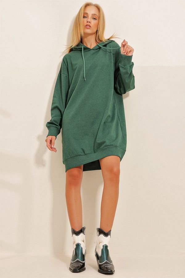 Trend Alaçatı Stili Trend Alaçatı Stili Women's Walnut Green Hooded Sweatshirt Dress