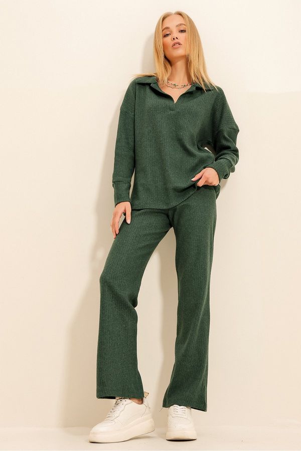 Trend Alaçatı Stili Trend Alaçatı Stili Women's Walnut Green Polo Neck Top and Palazzo Pants Knitwear Bottom Top Set