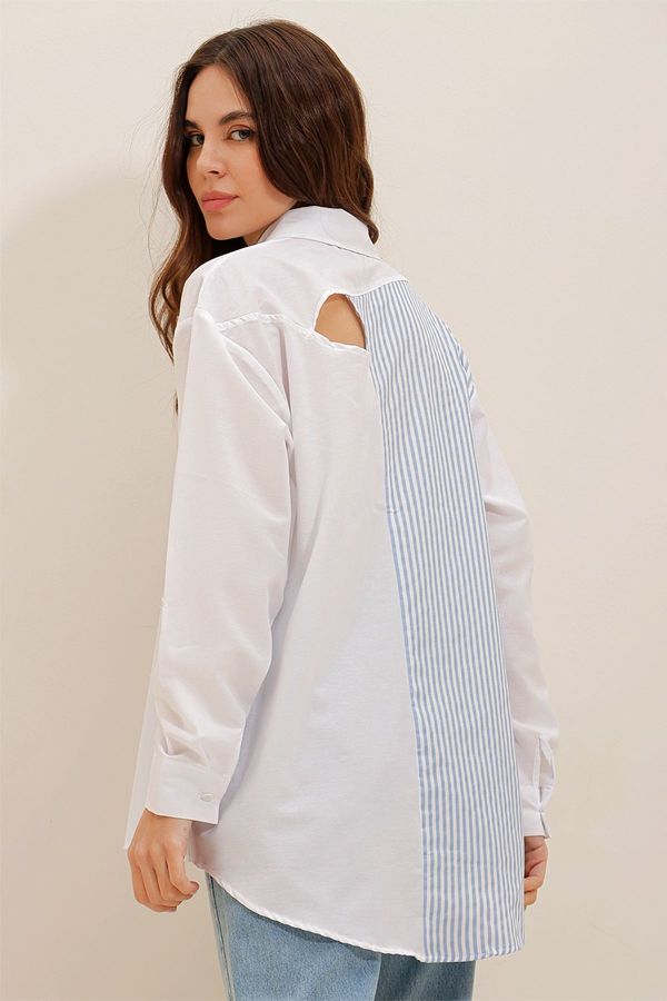 Trend Alaçatı Stili Trend Alaçatı Stili Women's White-Blue Striped Oversize Poplin Shirt with Window on the Back