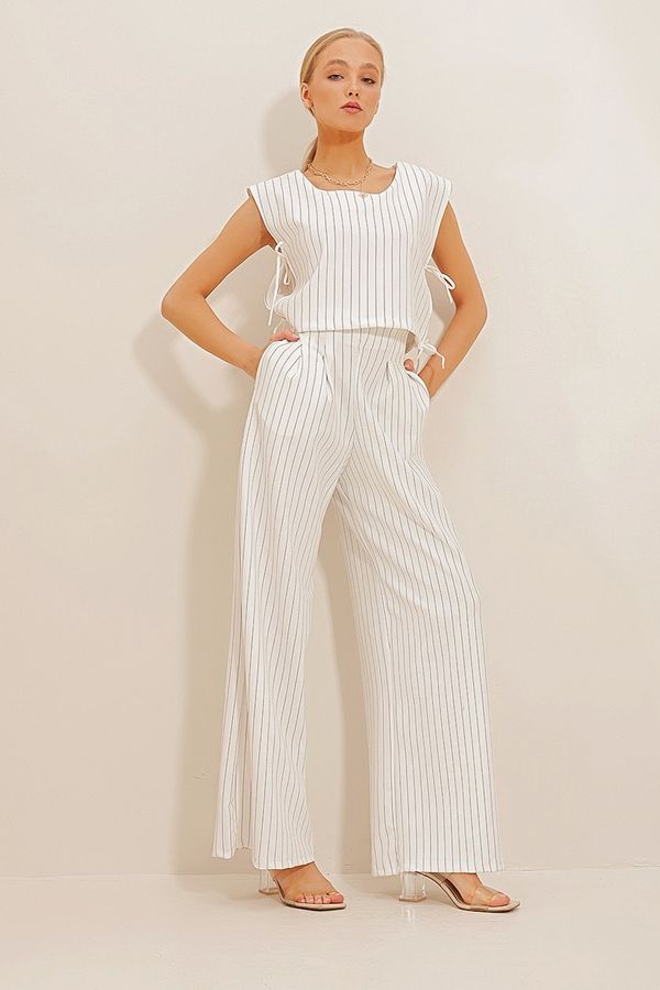 Trend Alaçatı Stili Trend Alaçatı Stili Women's White Crop Top And Palazzo Pants Striped Double Suit