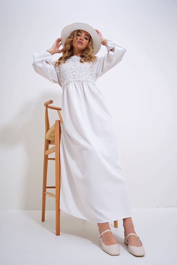 Trend Alaçatı Stili Trend Alaçatı Stili Women's White Stand Collar Crochet Braided Back Zipper Woven Dress