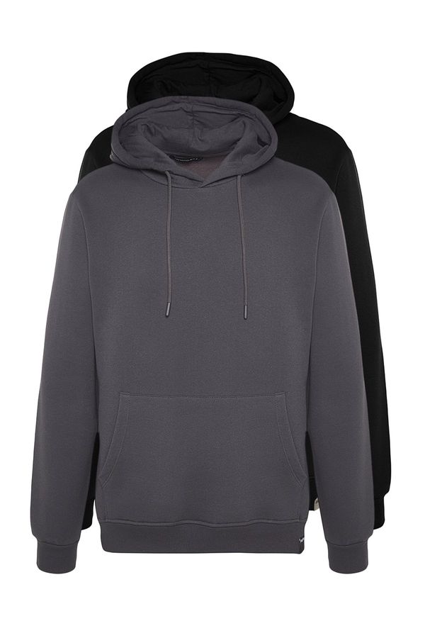 Trendyol Trendyol 2-Pack Black-Grey Basic Regular/Normal Fit Hooded Fleece Inner Sweatshirt