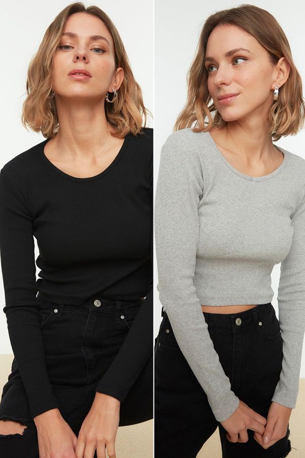 Trendyol Trendyol 2-Pack Black-Grey Fitted Wide Neck Ribbed Stretchy Crop Knitted Blouse