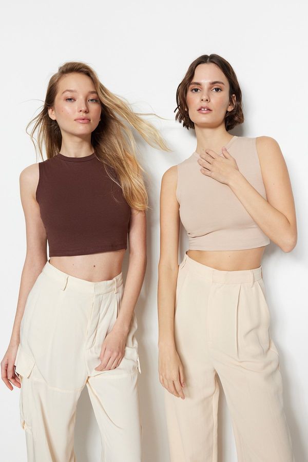 Trendyol Trendyol 2-Pack Brown-Beige Sleeveless Crop Cotton Stretch Knit Undershirt