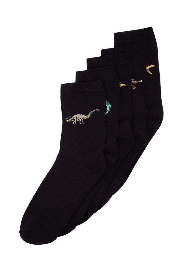 Trendyol Trendyol 5-Pack Black Cotton Dinosaur Patterned Socket-Long Socks