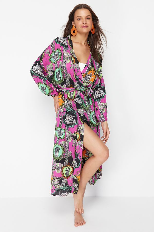 Trendyol Trendyol Abstract Patterned Belted Maxi Woven 100% Cotton Kimono&Kaftan