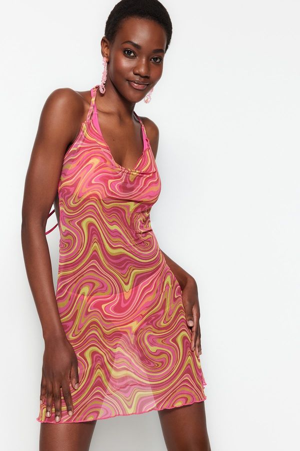 Trendyol Trendyol Abstract Patterned Fitted Mini Beach Dress with Tie-Lock