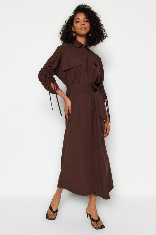 Trendyol Trendyol Adjustable Detailed Sleeves With Brown Belt, Woven Cotton Shirt Dress