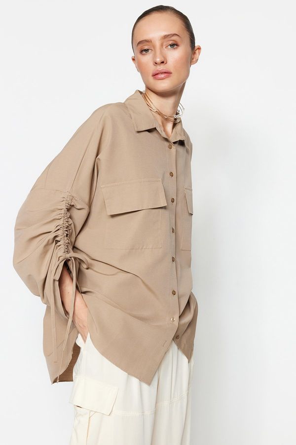 Trendyol Trendyol Adjustable Gathered Detail Woven Cotton Shirt with Stone Sleeves