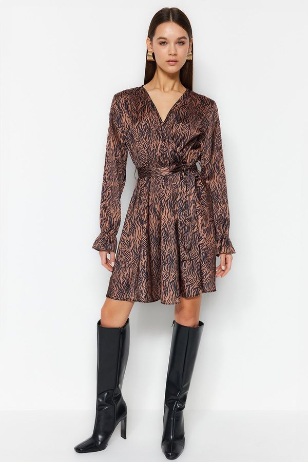 Trendyol Trendyol Animal Patterned Knitted Dress With Brown Belt, Double Breasted