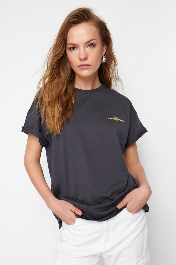 Trendyol Trendyol Anthracite 100% Cotton Back and Front Printed Oversize/Wide-Fit Knitted T-Shirt