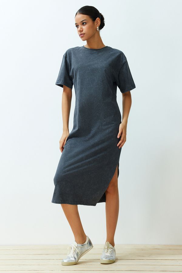 Trendyol Trendyol Anthracite 100% Cotton Distressed Effect Slit Shift/Comfortable Fit Knitted T-shirt Dress