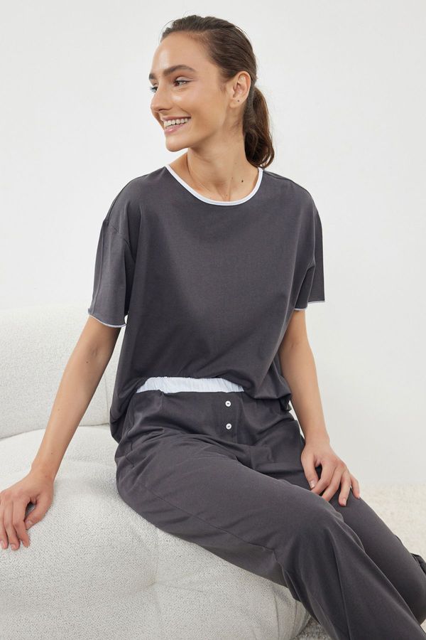 Trendyol Trendyol Anthracite 100% Cotton Piping and Waist Elastic Detailed Knitted Pajama Set