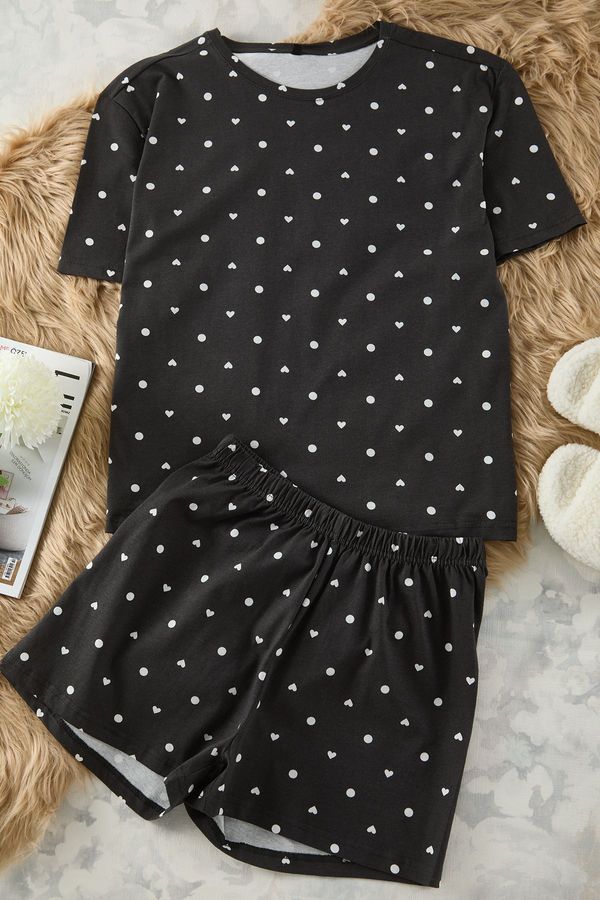 Trendyol Trendyol Anthracite 100% Cotton Polka Dot and Heart Knitted Pajama Set