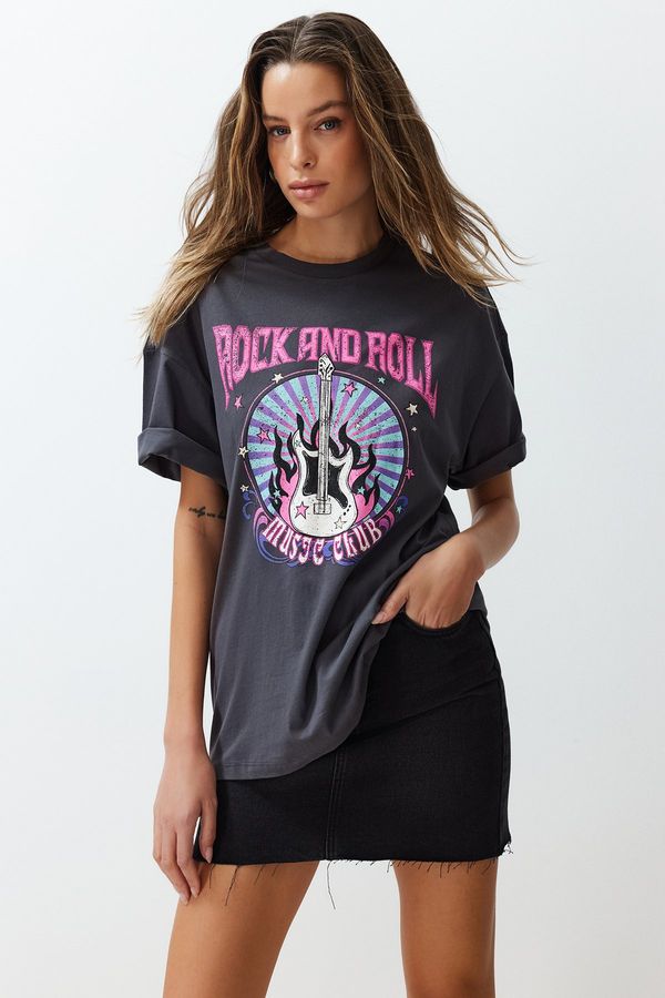 Trendyol Trendyol Anthracite 100% Cotton Printed Oversize/Wide Fit Crew Neck Knitted T-Shirt