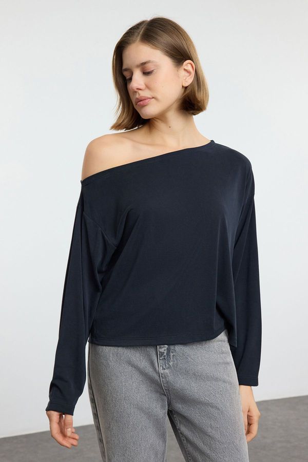 Trendyol Trendyol Anthracite 100% Modal Fabric Boat Neck Relaxed/Comfortable Cut Knitted Blouse