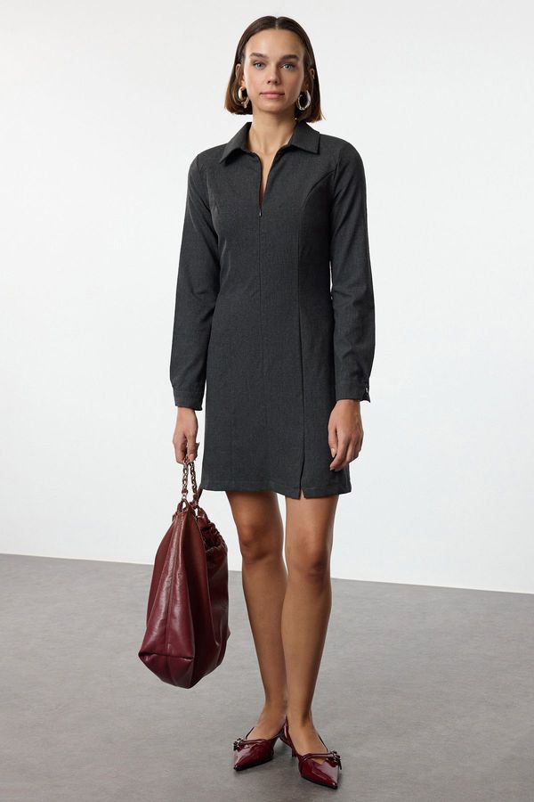 Trendyol Trendyol Anthracite A-Line Shirt Collar Zipper Detailed Polyviscose Mini Woven Dress