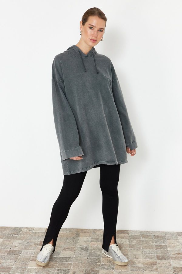 Trendyol Trendyol Anthracite Acid Washed Hooded Oversize Knitted Sweatshirt