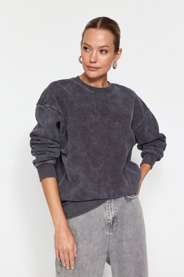 Trendyol Trendyol Anthracite Anthracite/Faded Effect Thick Fleece Inside Oversize/Wide-Collar Knitted Sweatshirt