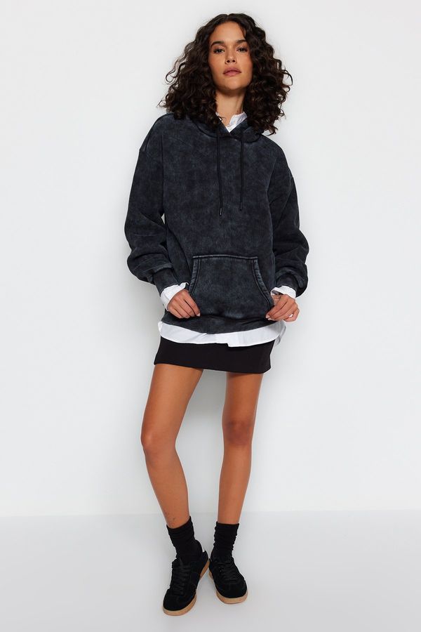 Trendyol Trendyol Anthracite Anthracite/Faded Effect Thick Fleece Oversized Fit Hoodie, Knitted Sweatshirt